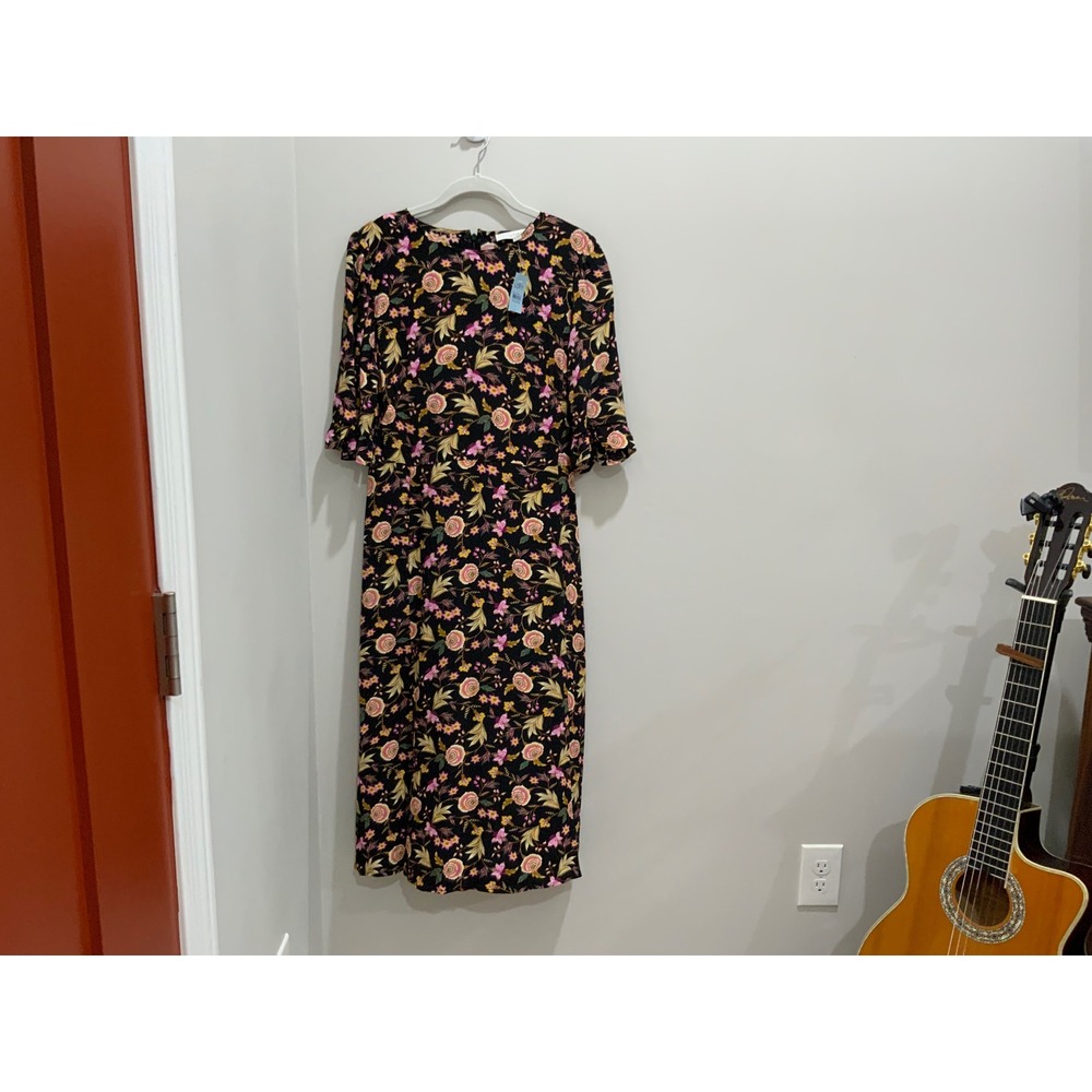 Loft Floral Midi Dress Black Pink Yellow Ruffle Sleeve Petite 8P NWT